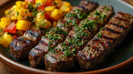 Grilled skewers served with a fresh mango salsa on a plate.