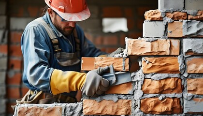 Wall Mural - Bricklayer constructing a house with precision, showcasing craftsmanship and dedication in construction work