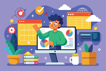 Poster - A person presents data and insights on a screen while surrounded by colorful charts and stationery, Assisting a customizable partner with disproportionate illustration.