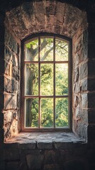 Wall Mural - Sunlight through an arched window in a stone wall, looking out to a forest.