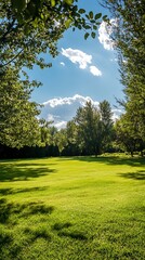 Wall Mural - Green Grass Field with Lush Trees and a Sunny Blue Sky