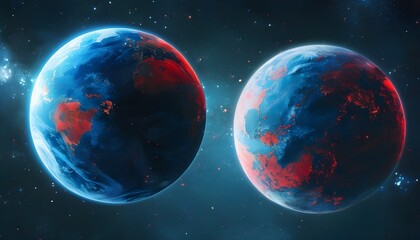 Wall Mural - Interstellar Dance of Blue and Red Planets in Cosmic Space