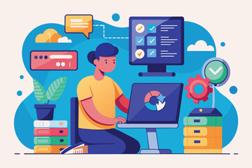 Poster - A person is actively backing up data on their computer in a bright, organized workspace with plants, Backing up data, illustrated flat.