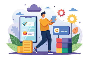 Poster - A person engages with a tablet while securing backup data from a mobile device in a bright, digital setting, Backup mobile phone data with a flat illustration.