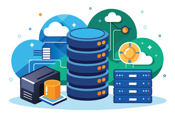 Poster - A visual representation of a backup server database with cloud elements and organized data storage units, Backup server database, simple illustration.