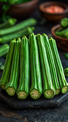 Fresh green okra arranged on a dark surface.