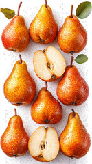 Fresh ripe pears with water droplets on a white background.