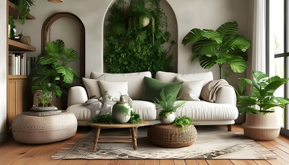 Wall Mural - Warm and Inviting Living Room with Natural Elements and Lush Greenery