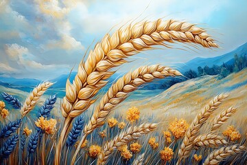 Vibrant wheat fields under a blue sky with distant mountains.