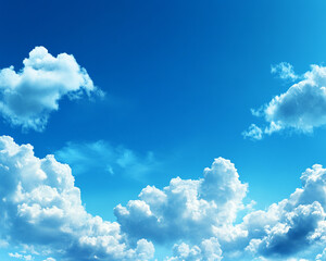 A vibrant blue sky adorned with fluffy white clouds, perfect for backgrounds or nature-themed projects.