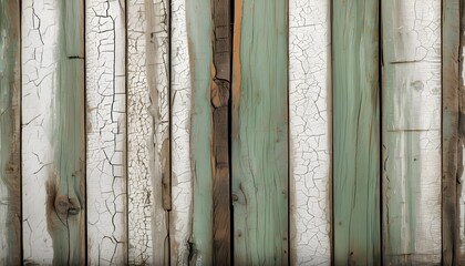 Wall Mural - Distressed Vintage Wooden Planks with Cracked White and Light Green Paint for Rustic decor and Wood Paint Promotion