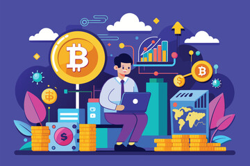 Poster - A business professional works on a laptop surrounded by bitcoin symbols and financial charts in a modern environment, Bitcoin business flat illustration