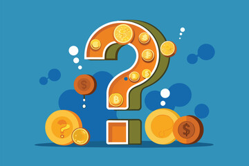 Poster - A flat illustration features a large question mark surrounded by various coins, highlighting bitcoin inquiries, Bitcoin currency question, flat illustration.