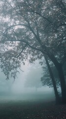 Poster - Mysterious foggy forest with trees and sunlight breaking through