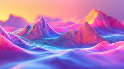 A surreal wireframe landscape with mountains in radiant colors, using a depth of field to create distance between the foreground and background.