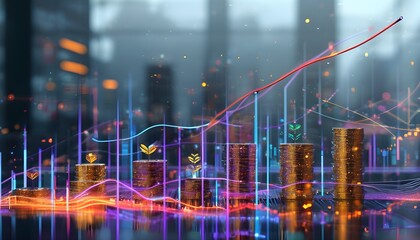 Urban Financial Growth Visualization with Abstract Data Trends and Skyline Backdrop showcasing Business Success