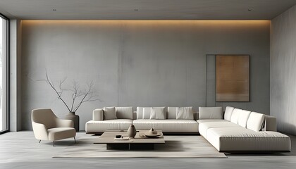 Wall Mural - Sleek and Serene Minimalist Living Room with Modern Aesthetics and Cozy Accents