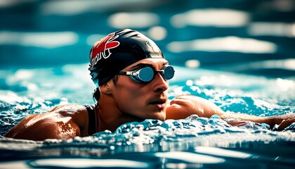 competitive swimmer in action wearing swim cap and goggles, showcasing athleticism in water sports