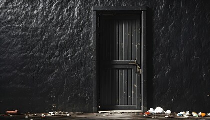 Sticker - Grunge Black Iron Wall with Textured Background and Weathered Door