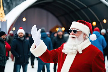 Stylish Santa Claus Celebrating at Winter Festival with Popular Music