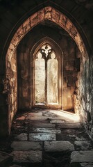 Canvas Print - Light streaming through gothic archway window in ancient building