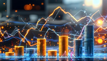 Wall Mural - Urban Financial Growth Visualization with Abstract Data Trends and Skyline Backdrop showcasing Business Success