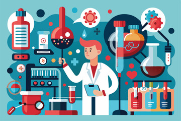 Poster - A researcher analyzes blood samples with lab equipment and colorful graphics to illustrate scientific processes, Blood research illustration, customizable and semi-flat.