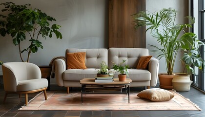 Wall Mural - Modern living room decor featuring a cozy couch, stylish chair, elegant coffee table, and vibrant potted plant