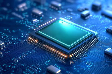 Poster - Detailed close-up of a modern microprocessor on a circuit board glowing in blue light