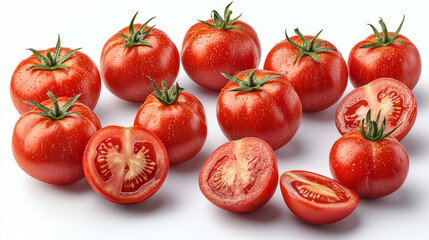 Wall Mural - A group of red, ripe tomatoes, some cut in half.