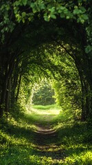 Sticker - Green Archway,  Path Through Lush Trees with Sunlight Streaming Through