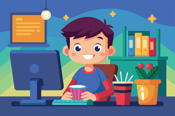 Poster - a cheerful boy is seated at his desk, engaged in a movie on his computer while holding a drink, boy 