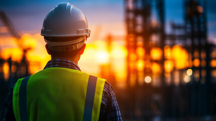 A construction worker observes an industrial site at sunset, showcasing dedication and safety in a vibrant work environment.