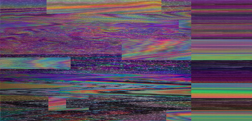 Wall Mural - Digital glitch or a distorted video signal, with sharp angles and jagged lines of iridescent colors, predominantly purple, blue, green, yellow, and orange.