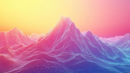 Leinwandbilder - Bright, multicolored wireframe mountains set against a vibrant gradient sky, with subtle depth of field bringing attention to the central peak.