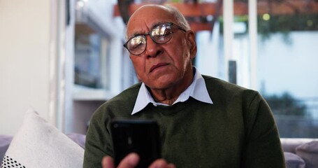 Poster - senior man, phone and video call in home for communication, talking or share update. retirement, hap