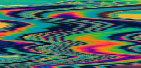 Poster - Effect of a digital glitch or a distorted video signal, with sharp angles and jagged lines interspersed throughout the flowing color patterns. Abstract, highly saturated composition.