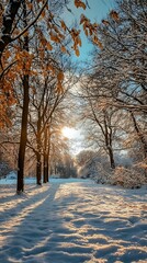 Canvas Print - Winter Wonderland,  Sun Shining Through Snowy Forest Trees