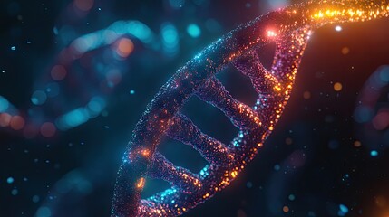 Fototapete - Close-up of a DNA double helix, with strands glowing in a vibrant, futuristic representation of biological research.