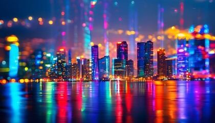 Wall Mural - Futuristic urban nightscape with vibrant illuminated city lights reflecting in glass, showcasing a dynamic and colorful metropolis