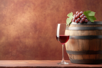 A glass of red wine beside a wooden barrel adorned with fresh grapes in a rustic setting