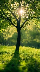 Sun shining through leaves of a tree in a lush green meadow.