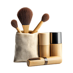 Eco-friendly makeup brushes and containers arranged elegantly, showcasing sustainable beauty tools for an organized makeup setup.