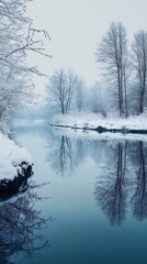 Poster - Serene Winter Landscape with Snow Covered Trees and a Tranquil River