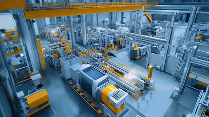 High-tech manufacturing facility equipped with cutting-edge mechanical machinery and real-time machine learning analytics for continuous process enhancement