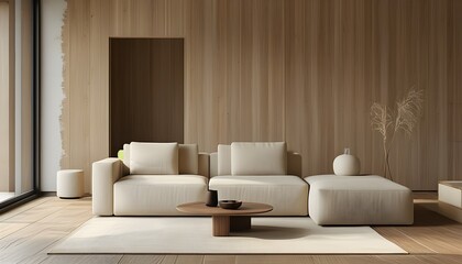 Wall Mural - Sleek Minimalist Living Room Featuring Beige Sofa and Elegant Wooden Wall Design