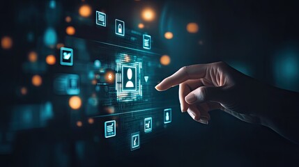 Poster - Concept of online financial services with a virtual bank screen, icons for financial transactions, and a hand pointing at the interface.