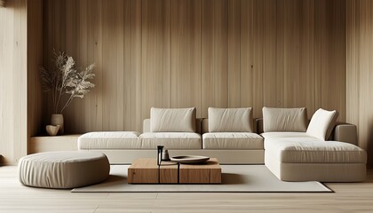 Wall Mural - Sleek Minimalist Living Room Featuring Beige Sofa and Elegant Wooden Wall Design