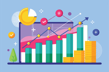 Poster - A colorful display of graphs and charts highlighting business income growth trends and analysis, Business income analysis is trending and remains flat.