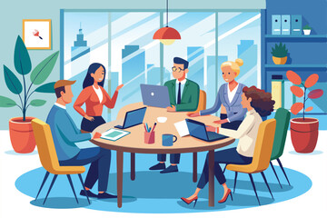 Poster - six professionals gathered around a table in a bright office, discussing strategies and sharing idea